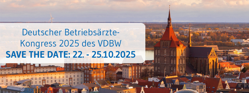 Stadtpanorama mit Kirche und Text 'Deutscher Betriebsärzte-Kongress 2025 des VDBW, SAVE THE DATE: 22. - 25.10.2025'.