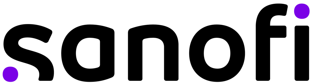 Sanofi Firmenlogo mit stilisiertem schwarzen Schriftzug und zwei violetten Punkten.