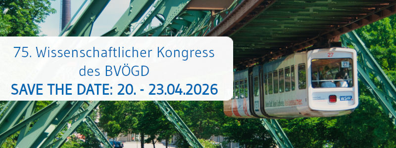 Ankündigung des 75. Wissenschaftlichen Kongresses des BVÖGD vom 20. bis 23. April 2026 mit einer vorbeifahrenden Schwebebahn unter einer grünen Stahlbrücke
